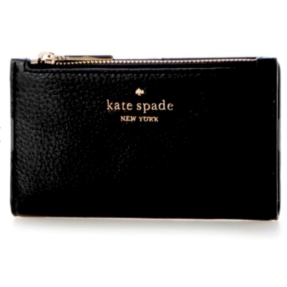 NWT Kate Spade Slim Bifold Wallet Pebbled Leather Black Gold Jackson Zipper